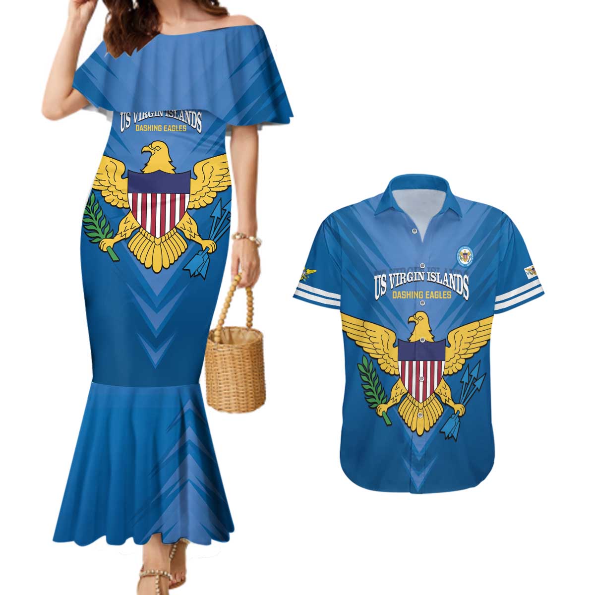 Custom US Virgin Islands Soccer Couples Matching Mermaid Dress and Hawaiian Shirt Go Dashing Eagles Sporty Style