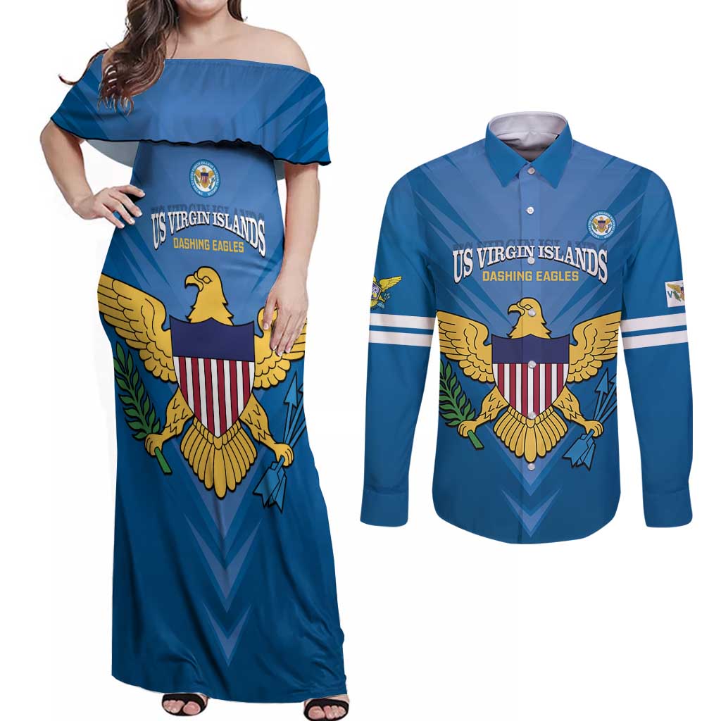 Custom US Virgin Islands Soccer Couples Matching Off Shoulder Maxi Dress and Long Sleeve Button Shirt Go Dashing Eagles Sporty Style