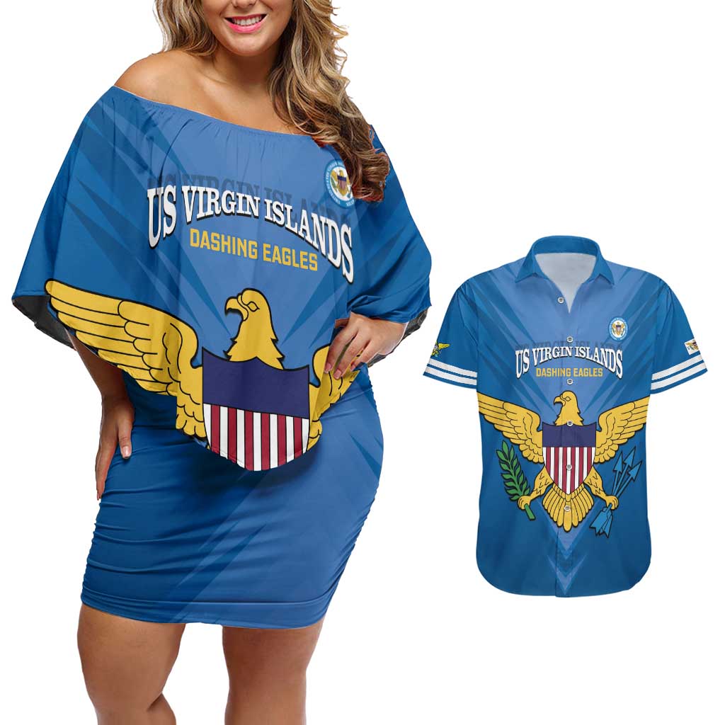 Custom US Virgin Islands Soccer Couples Matching Off Shoulder Short Dress and Hawaiian Shirt Go Dashing Eagles Sporty Style