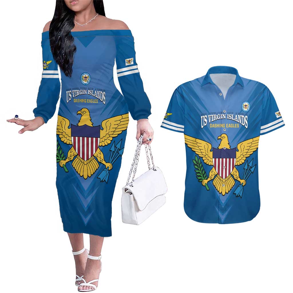 Custom US Virgin Islands Soccer Couples Matching Off The Shoulder Long Sleeve Dress and Hawaiian Shirt Go Dashing Eagles Sporty Style