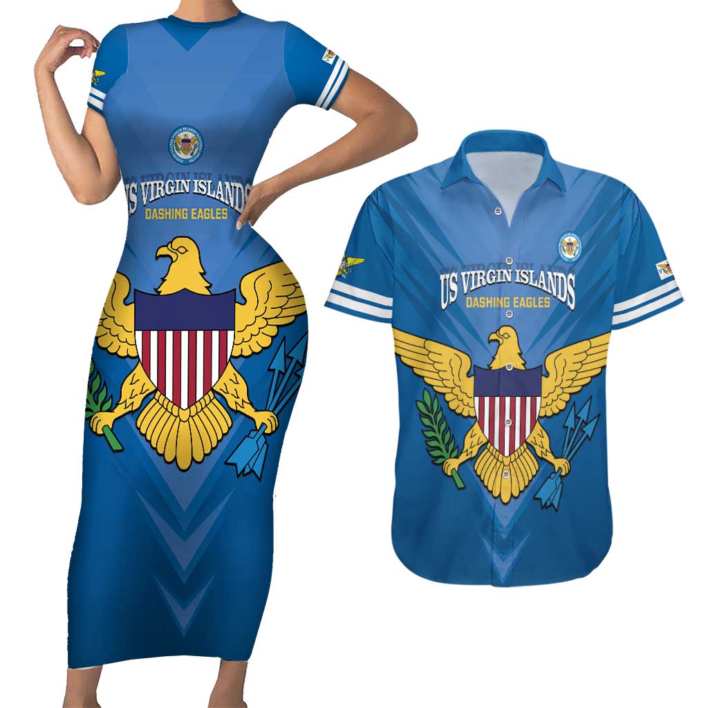 Custom US Virgin Islands Soccer Couples Matching Short Sleeve Bodycon Dress and Hawaiian Shirt Go Dashing Eagles Sporty Style