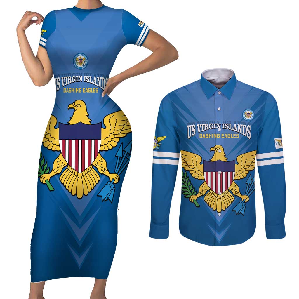 Custom US Virgin Islands Soccer Couples Matching Short Sleeve Bodycon Dress and Long Sleeve Button Shirt Go Dashing Eagles Sporty Style