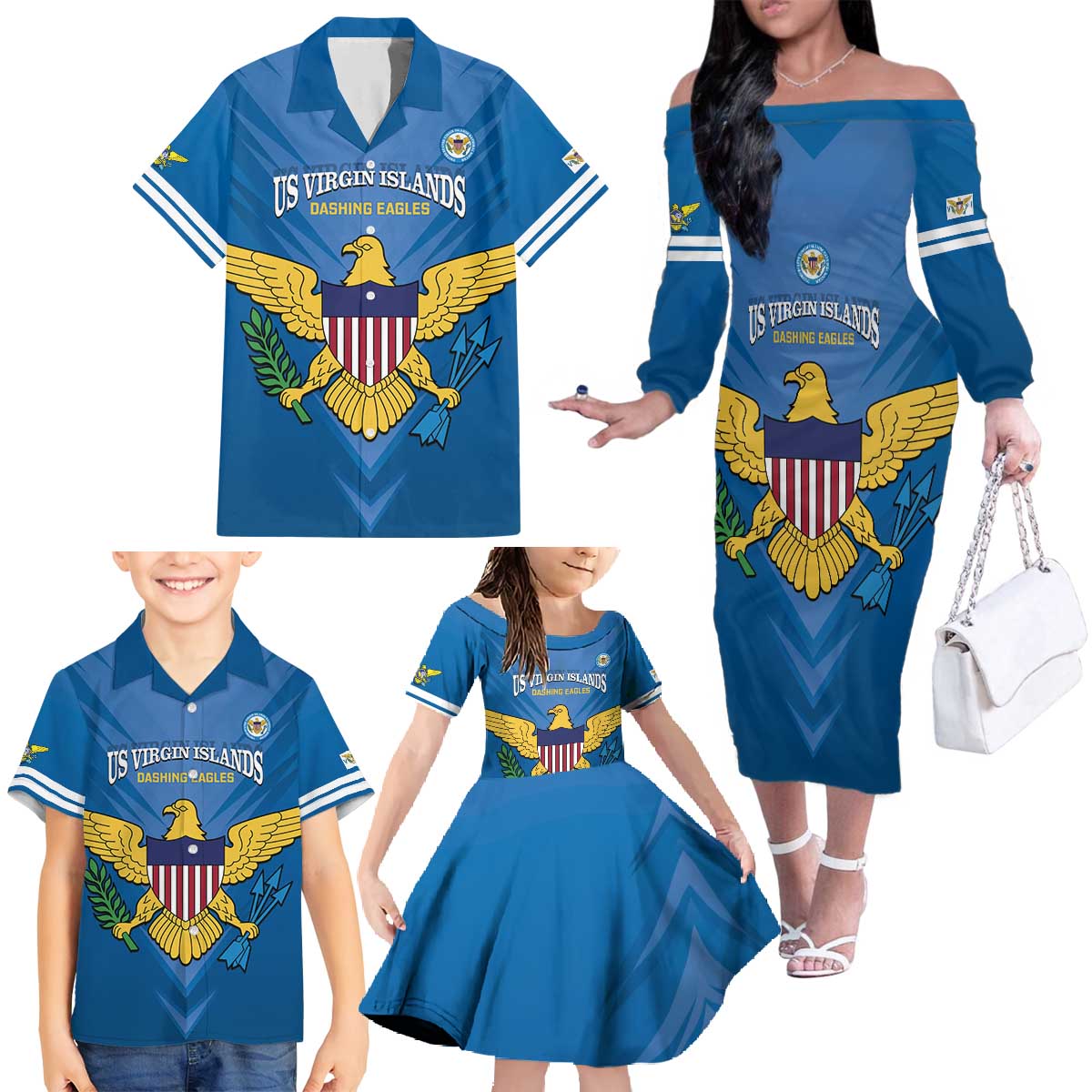 Custom US Virgin Islands Soccer Family Matching Off The Shoulder Long Sleeve Dress and Hawaiian Shirt Go Dashing Eagles Sporty Style