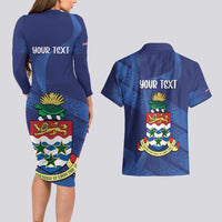 Personalised Cayman Islands Couples Matching Long Sleeve Bodycon Dress and Hawaiian Shirt Coat Of Arms Grunge Style