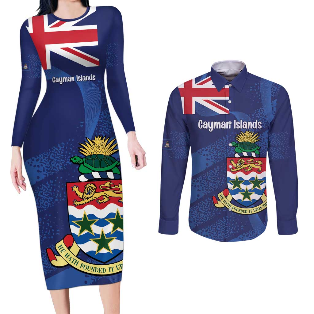 Personalised Cayman Islands Couples Matching Long Sleeve Bodycon Dress and Long Sleeve Button Shirt Coat Of Arms Grunge Style