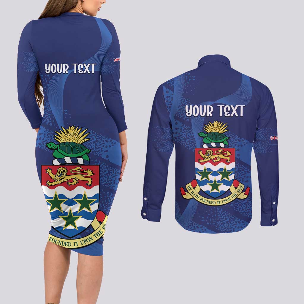 Personalised Cayman Islands Couples Matching Long Sleeve Bodycon Dress and Long Sleeve Button Shirt Coat Of Arms Grunge Style