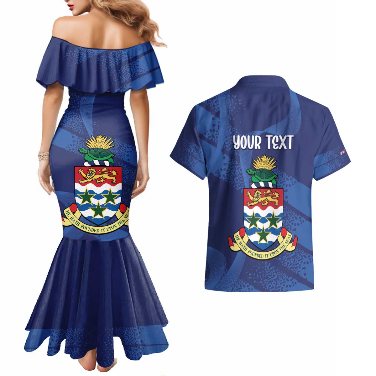 Personalised Cayman Islands Couples Matching Mermaid Dress and Hawaiian Shirt Coat Of Arms Grunge Style