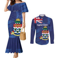 Personalised Cayman Islands Couples Matching Mermaid Dress and Long Sleeve Button Shirt Coat Of Arms Grunge Style