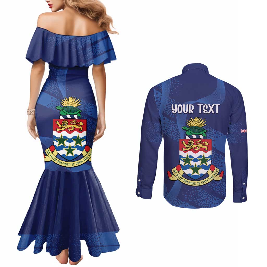 Personalised Cayman Islands Couples Matching Mermaid Dress and Long Sleeve Button Shirt Coat Of Arms Grunge Style