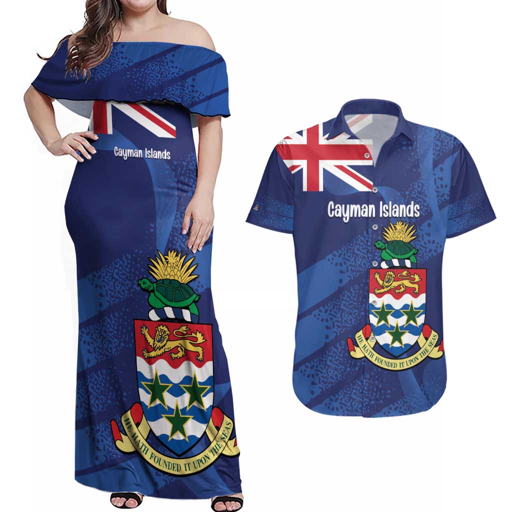 Personalised Cayman Islands Couples Matching Off Shoulder Maxi Dress and Hawaiian Shirt Coat Of Arms Grunge Style
