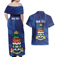 Personalised Cayman Islands Couples Matching Off Shoulder Maxi Dress and Hawaiian Shirt Coat Of Arms Grunge Style