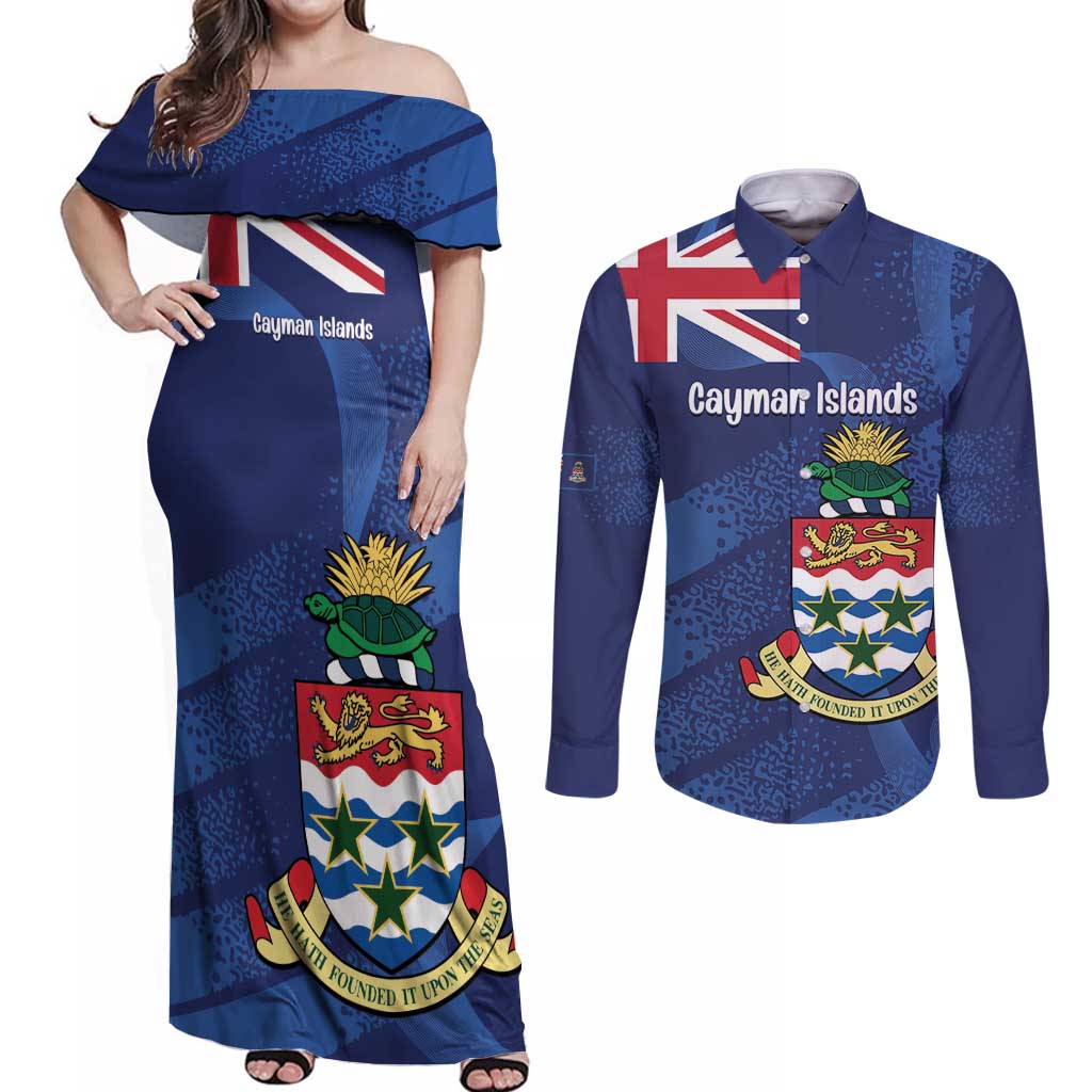 Personalised Cayman Islands Couples Matching Off Shoulder Maxi Dress and Long Sleeve Button Shirt Coat Of Arms Grunge Style