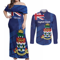 Personalised Cayman Islands Couples Matching Off Shoulder Maxi Dress and Long Sleeve Button Shirt Coat Of Arms Grunge Style