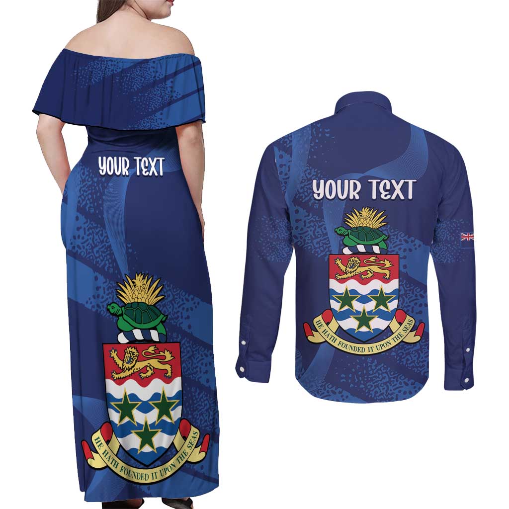 Personalised Cayman Islands Couples Matching Off Shoulder Maxi Dress and Long Sleeve Button Shirt Coat Of Arms Grunge Style