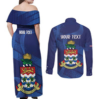 Personalised Cayman Islands Couples Matching Off Shoulder Maxi Dress and Long Sleeve Button Shirt Coat Of Arms Grunge Style