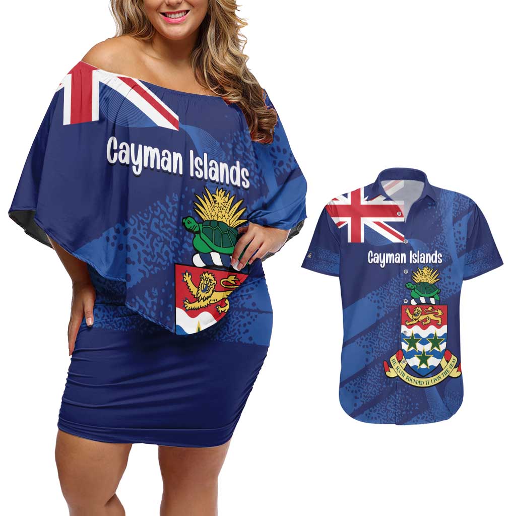 Personalised Cayman Islands Couples Matching Off Shoulder Short Dress and Hawaiian Shirt Coat Of Arms Grunge Style
