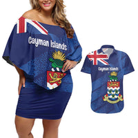 Personalised Cayman Islands Couples Matching Off Shoulder Short Dress and Hawaiian Shirt Coat Of Arms Grunge Style