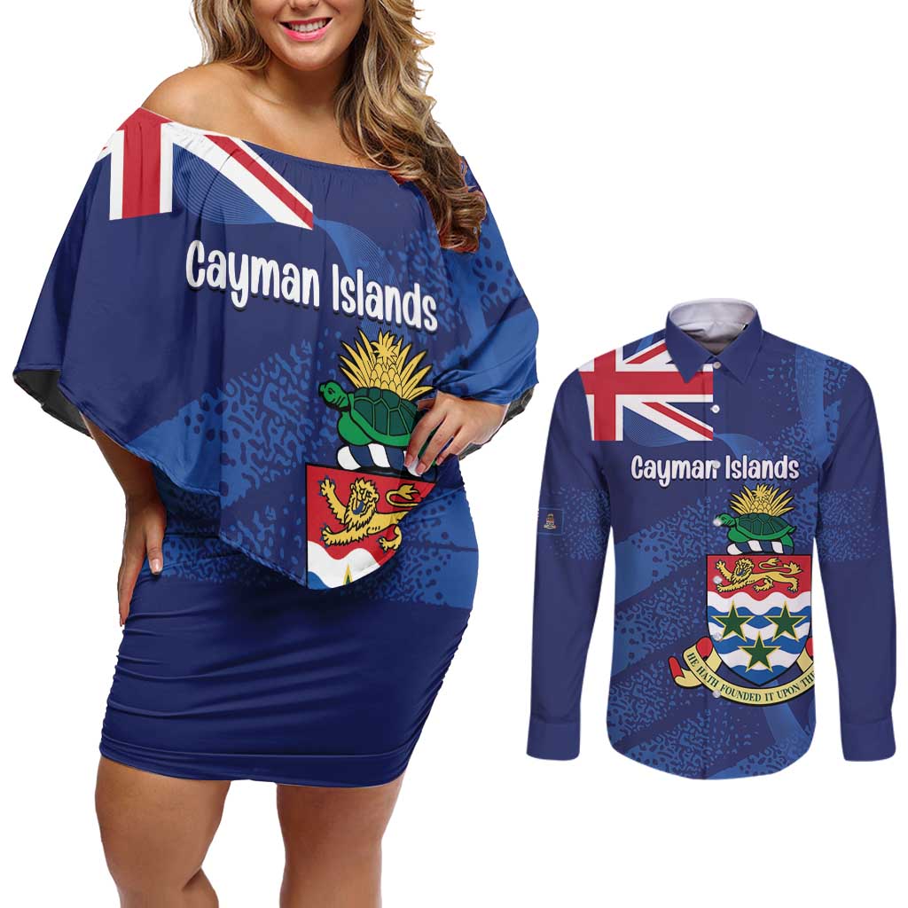 Personalised Cayman Islands Couples Matching Off Shoulder Short Dress and Long Sleeve Button Shirt Coat Of Arms Grunge Style
