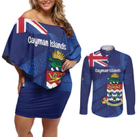 Personalised Cayman Islands Couples Matching Off Shoulder Short Dress and Long Sleeve Button Shirt Coat Of Arms Grunge Style