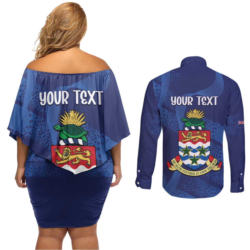 Personalised Cayman Islands Couples Matching Off Shoulder Short Dress and Long Sleeve Button Shirt Coat Of Arms Grunge Style