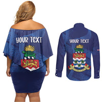 Personalised Cayman Islands Couples Matching Off Shoulder Short Dress and Long Sleeve Button Shirt Coat Of Arms Grunge Style