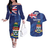 Personalised Cayman Islands Couples Matching Off The Shoulder Long Sleeve Dress and Hawaiian Shirt Coat Of Arms Grunge Style