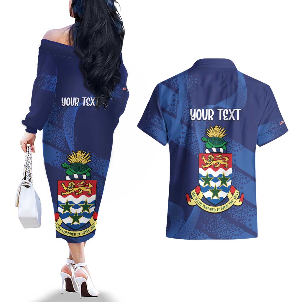 Personalised Cayman Islands Couples Matching Off The Shoulder Long Sleeve Dress and Hawaiian Shirt Coat Of Arms Grunge Style