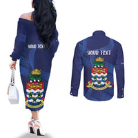 Personalised Cayman Islands Couples Matching Off The Shoulder Long Sleeve Dress and Long Sleeve Button Shirt Coat Of Arms Grunge Style