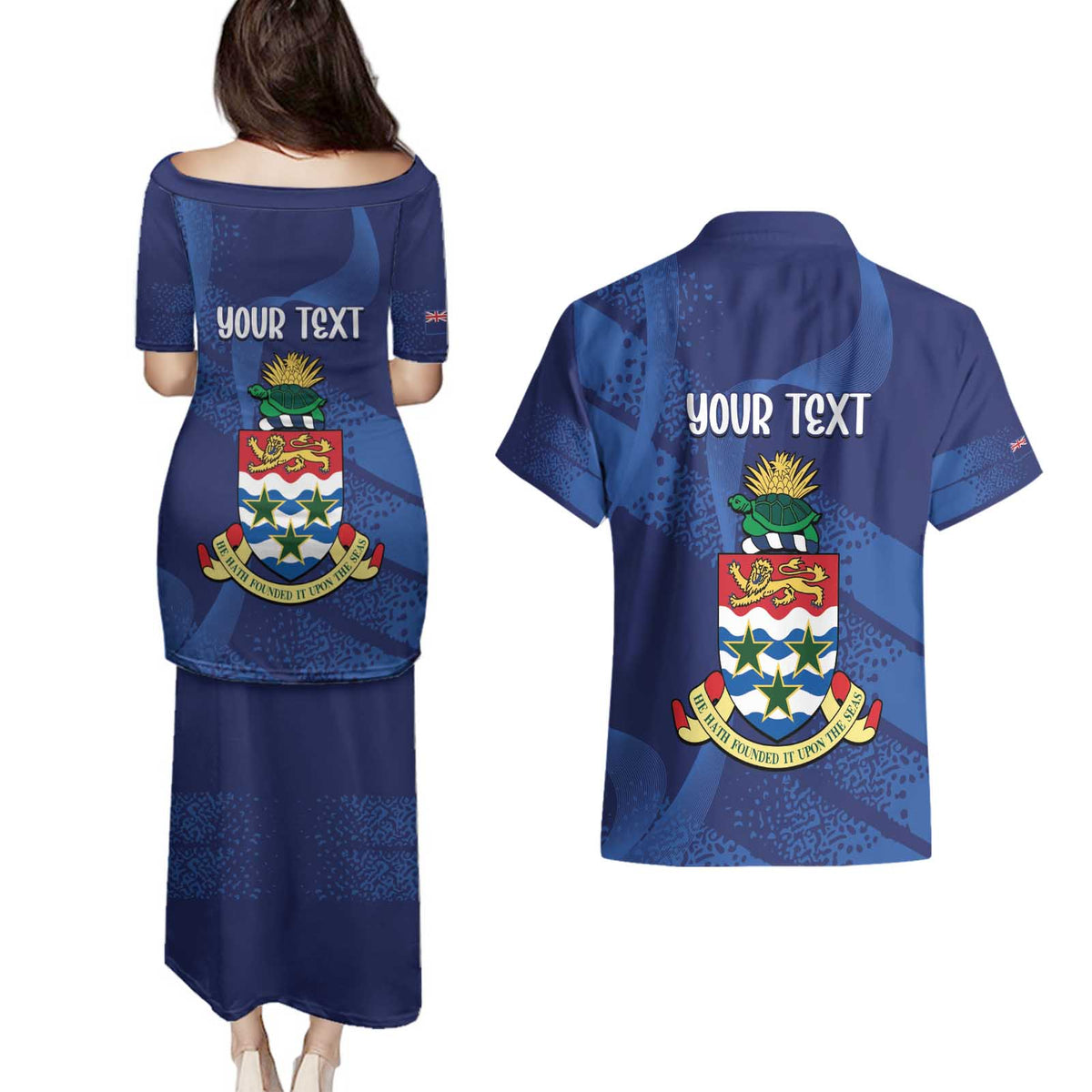 Personalised Cayman Islands Couples Matching Puletasi and Hawaiian Shirt Coat Of Arms Grunge Style