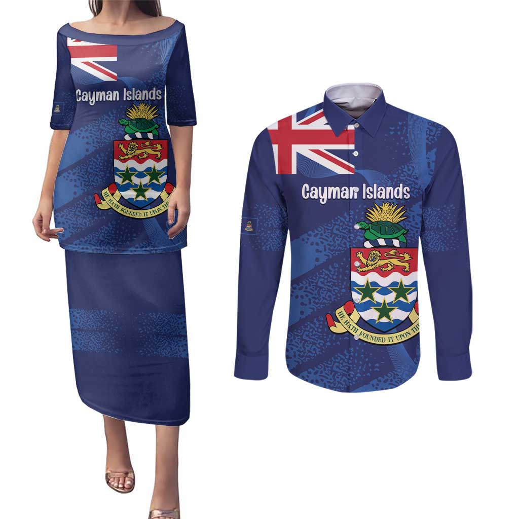 Personalised Cayman Islands Couples Matching Puletasi and Long Sleeve Button Shirt Coat Of Arms Grunge Style
