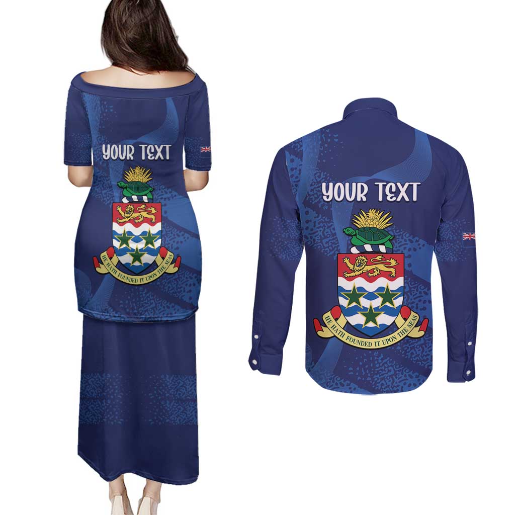 Personalised Cayman Islands Couples Matching Puletasi and Long Sleeve Button Shirt Coat Of Arms Grunge Style