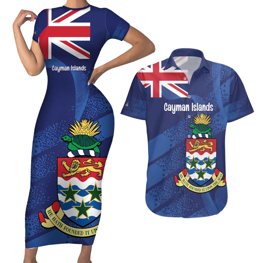 Personalised Cayman Islands Couples Matching Short Sleeve Bodycon Dress and Hawaiian Shirt Coat Of Arms Grunge Style