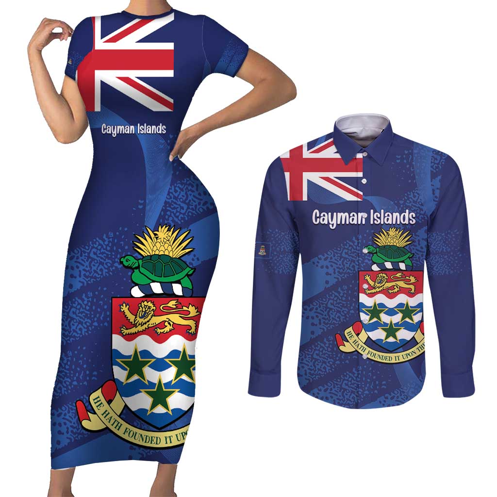 Personalised Cayman Islands Couples Matching Short Sleeve Bodycon Dress and Long Sleeve Button Shirt Coat Of Arms Grunge Style