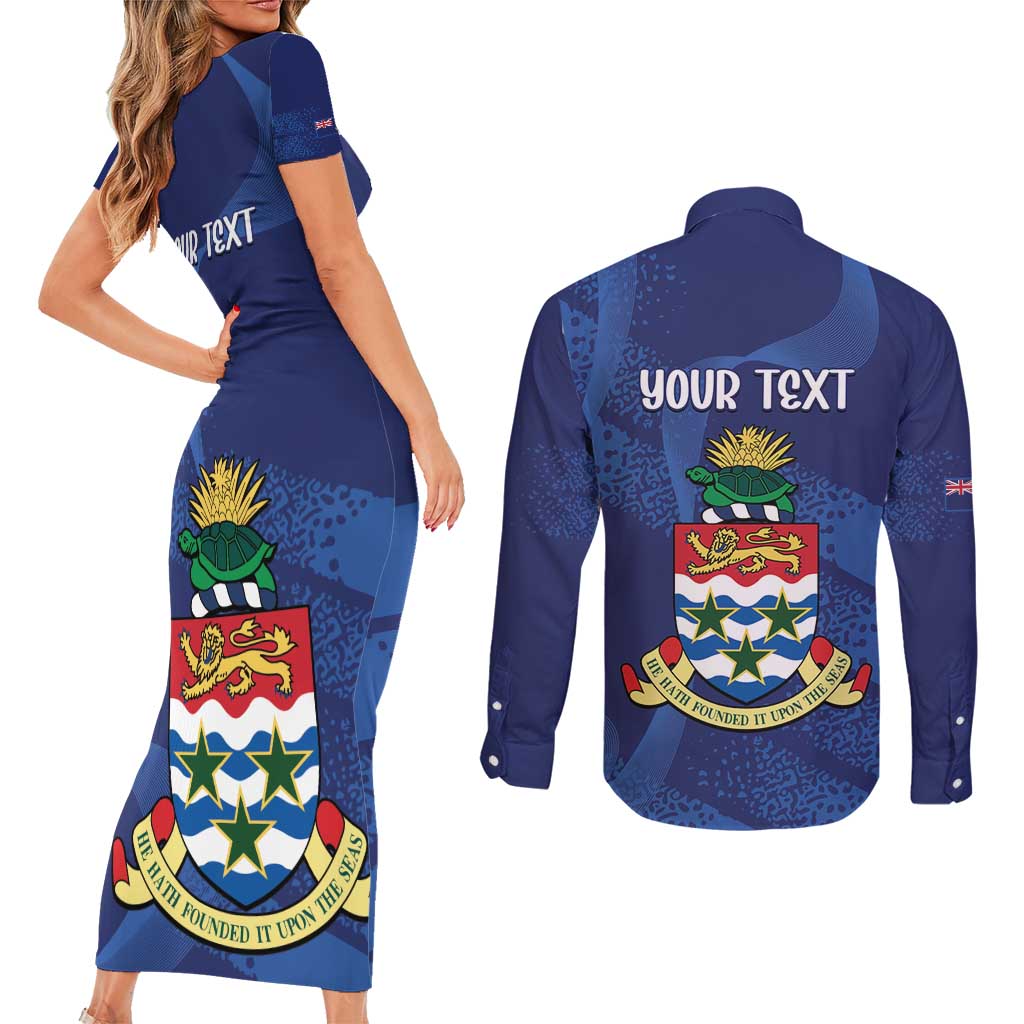 Personalised Cayman Islands Couples Matching Short Sleeve Bodycon Dress and Long Sleeve Button Shirt Coat Of Arms Grunge Style