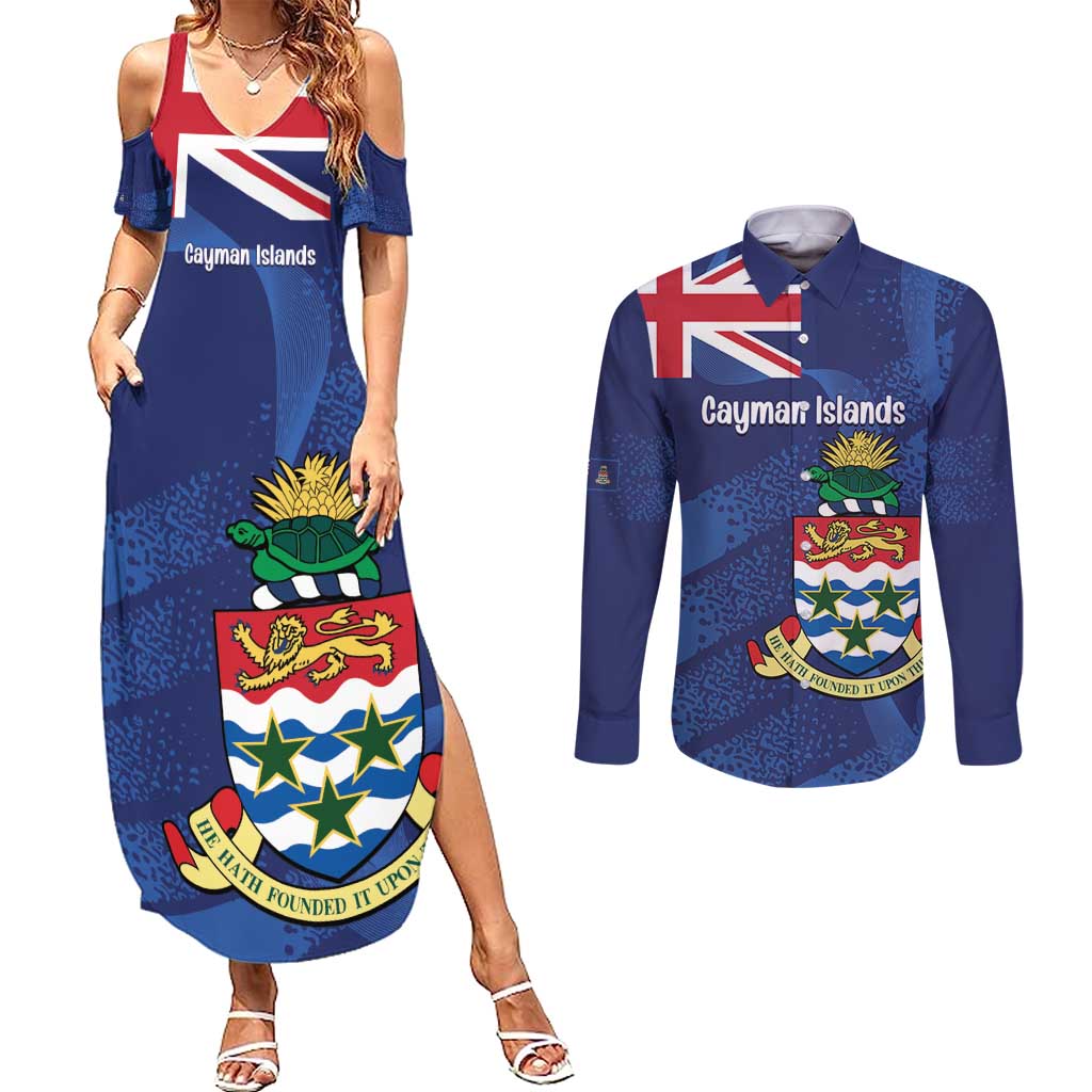 Personalised Cayman Islands Couples Matching Summer Maxi Dress and Long Sleeve Button Shirt Coat Of Arms Grunge Style