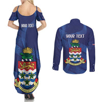 Personalised Cayman Islands Couples Matching Summer Maxi Dress and Long Sleeve Button Shirt Coat Of Arms Grunge Style