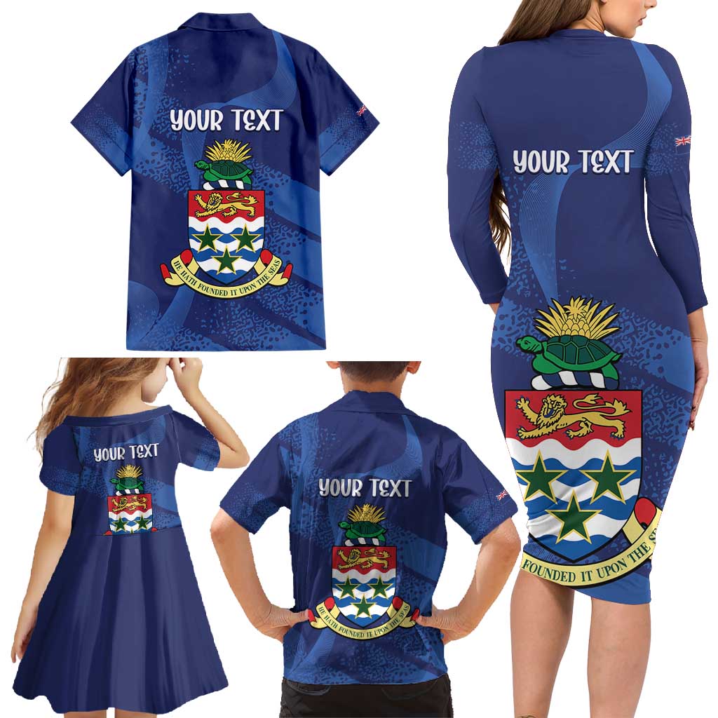 Personalised Cayman Islands Family Matching Long Sleeve Bodycon Dress and Hawaiian Shirt Coat Of Arms Grunge Style - Wonder Print Shop