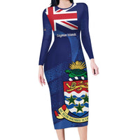 Personalised Cayman Islands Family Matching Long Sleeve Bodycon Dress and Hawaiian Shirt Coat Of Arms Grunge Style - Wonder Print Shop