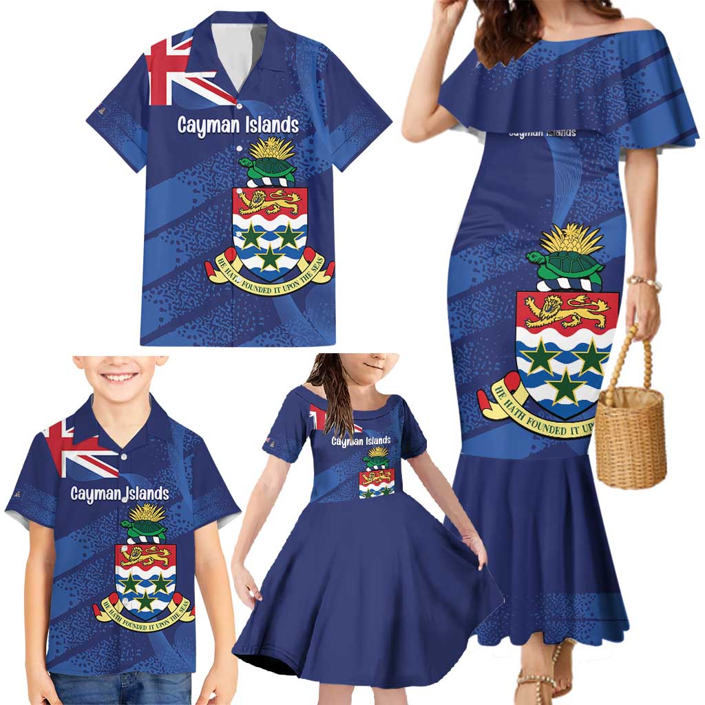 Personalised Cayman Islands Family Matching Mermaid Dress and Hawaiian Shirt Coat Of Arms Grunge Style - Wonder Print Shop