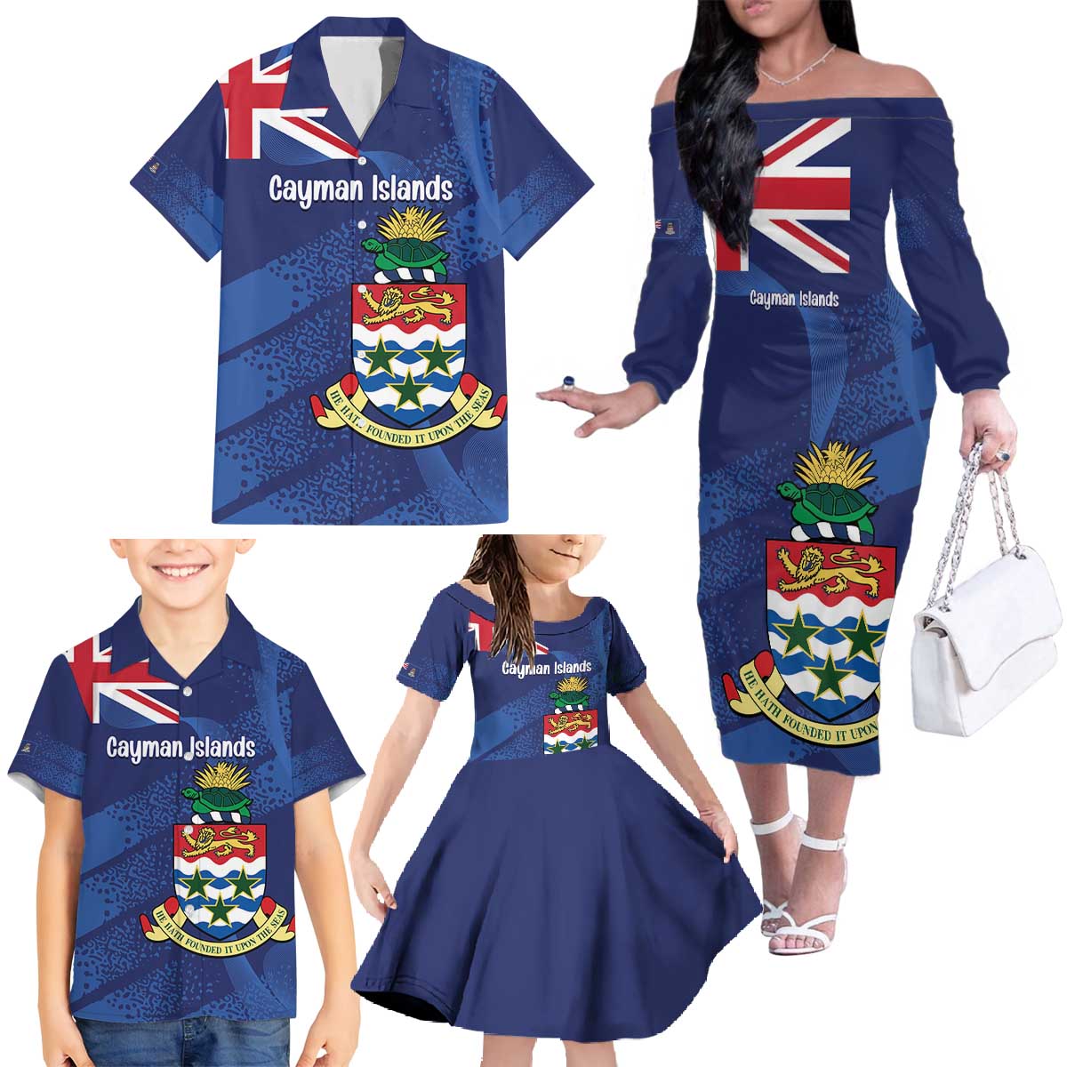 Personalised Cayman Islands Family Matching Off The Shoulder Long Sleeve Dress and Hawaiian Shirt Coat Of Arms Grunge Style