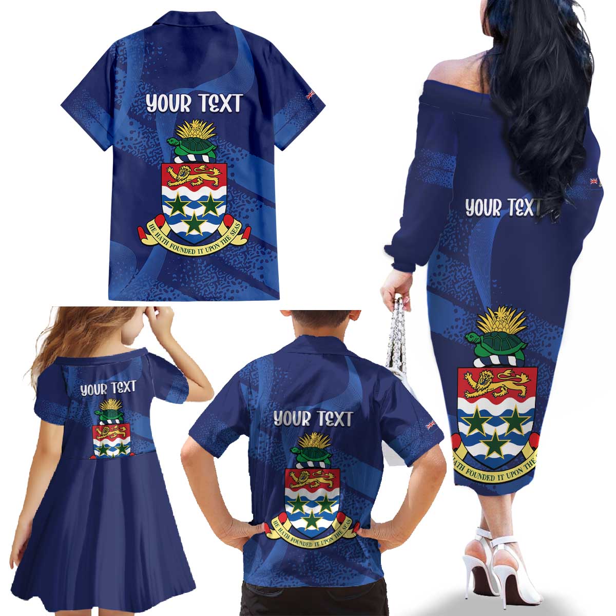 Personalised Cayman Islands Family Matching Off The Shoulder Long Sleeve Dress and Hawaiian Shirt Coat Of Arms Grunge Style