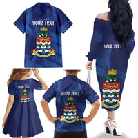 Personalised Cayman Islands Family Matching Off The Shoulder Long Sleeve Dress and Hawaiian Shirt Coat Of Arms Grunge Style