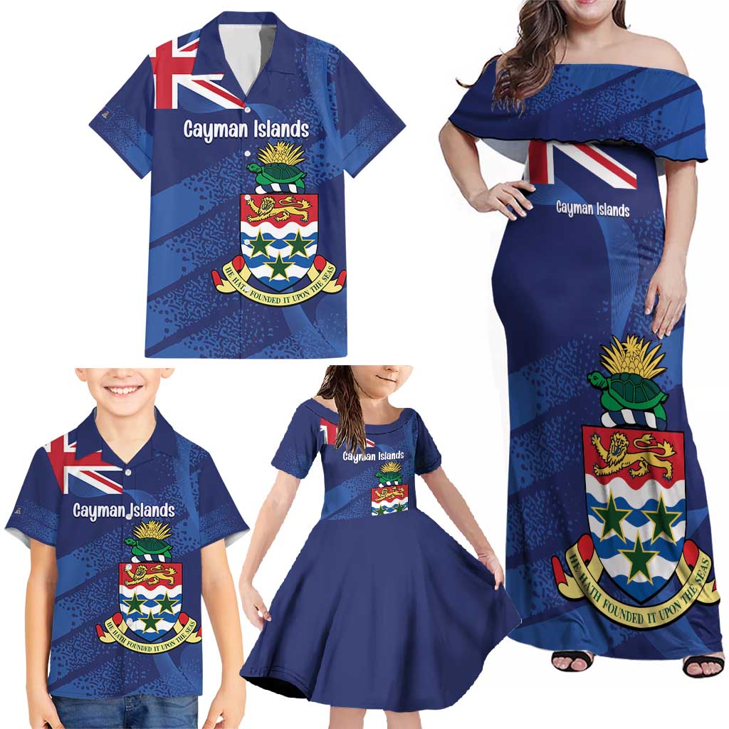 Personalised Cayman Islands Family Matching Off Shoulder Maxi Dress and Hawaiian Shirt Coat Of Arms Grunge Style - Wonder Print Shop
