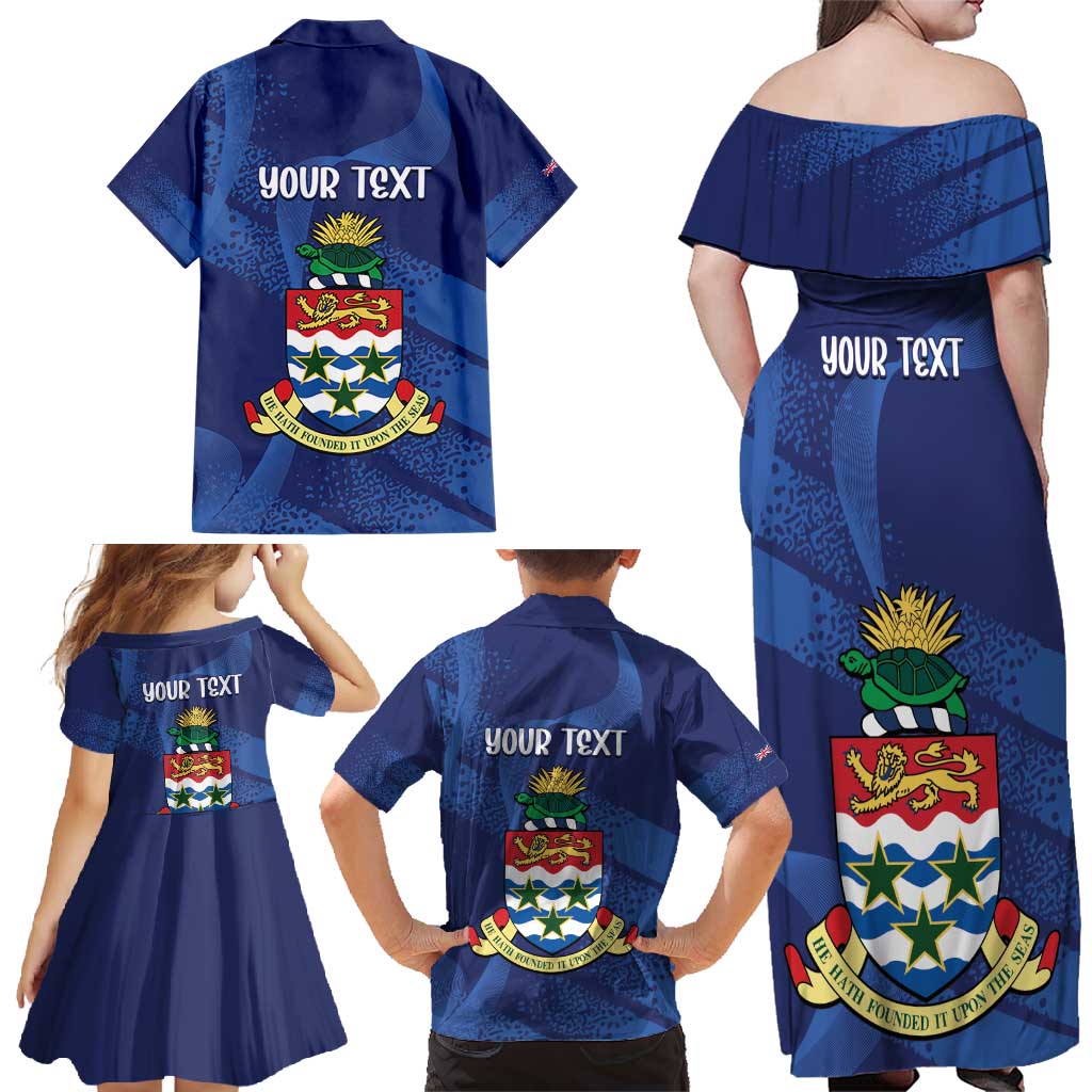 Personalised Cayman Islands Family Matching Off Shoulder Maxi Dress and Hawaiian Shirt Coat Of Arms Grunge Style - Wonder Print Shop