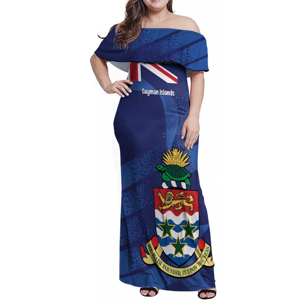 Personalised Cayman Islands Family Matching Off Shoulder Maxi Dress and Hawaiian Shirt Coat Of Arms Grunge Style - Wonder Print Shop
