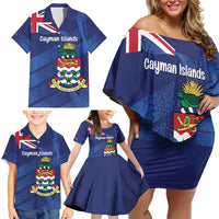 Personalised Cayman Islands Family Matching Off Shoulder Short Dress and Hawaiian Shirt Coat Of Arms Grunge Style - Wonder Print Shop