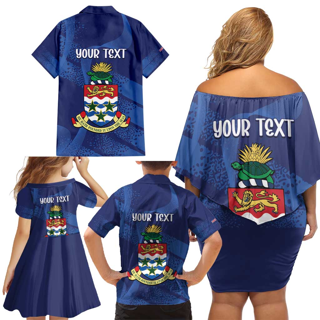 Personalised Cayman Islands Family Matching Off Shoulder Short Dress and Hawaiian Shirt Coat Of Arms Grunge Style - Wonder Print Shop