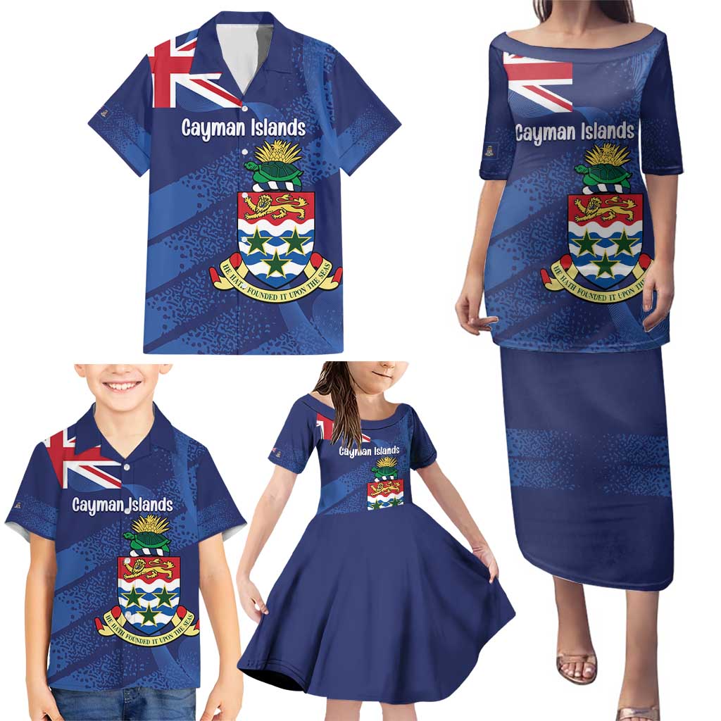 Personalised Cayman Islands Family Matching Puletasi and Hawaiian Shirt Coat Of Arms Grunge Style