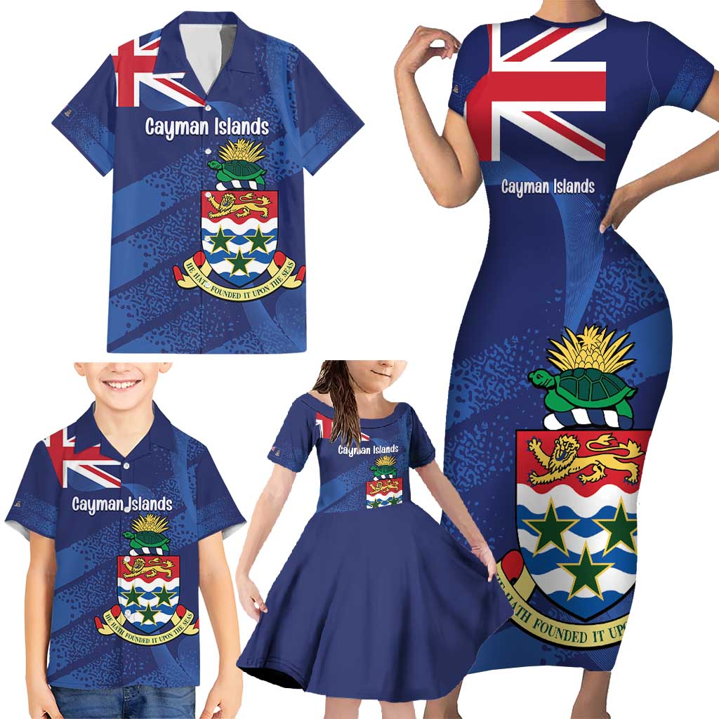 Personalised Cayman Islands Family Matching Short Sleeve Bodycon Dress and Hawaiian Shirt Coat Of Arms Grunge Style - Wonder Print Shop