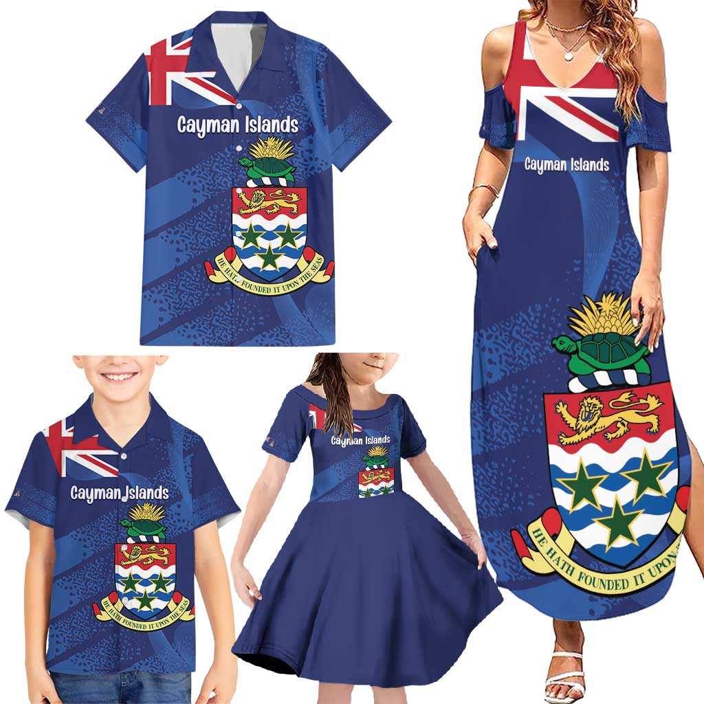 Personalised Cayman Islands Family Matching Summer Maxi Dress and Hawaiian Shirt Coat Of Arms Grunge Style - Wonder Print Shop